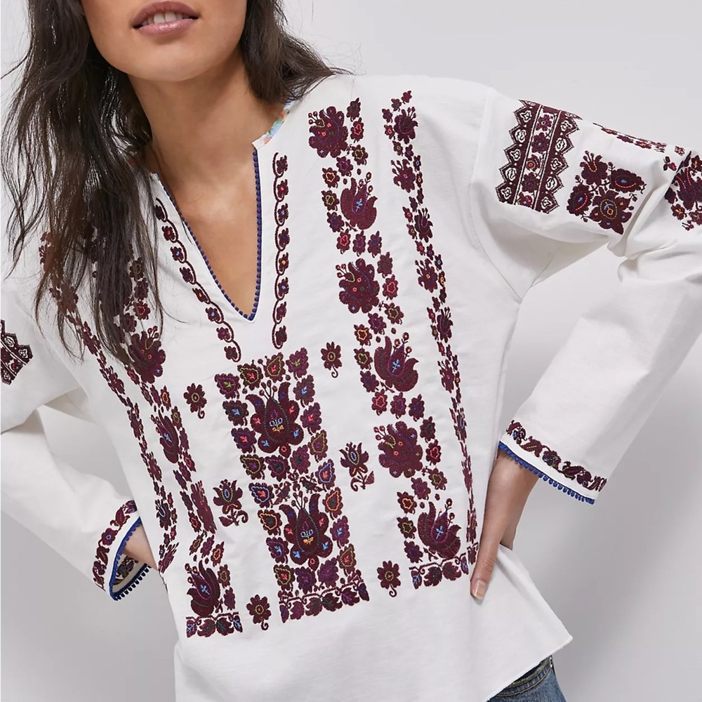 NWT Anthropologie Agatha Embroidered Blouse Size XL Ivory Maroon Floral
